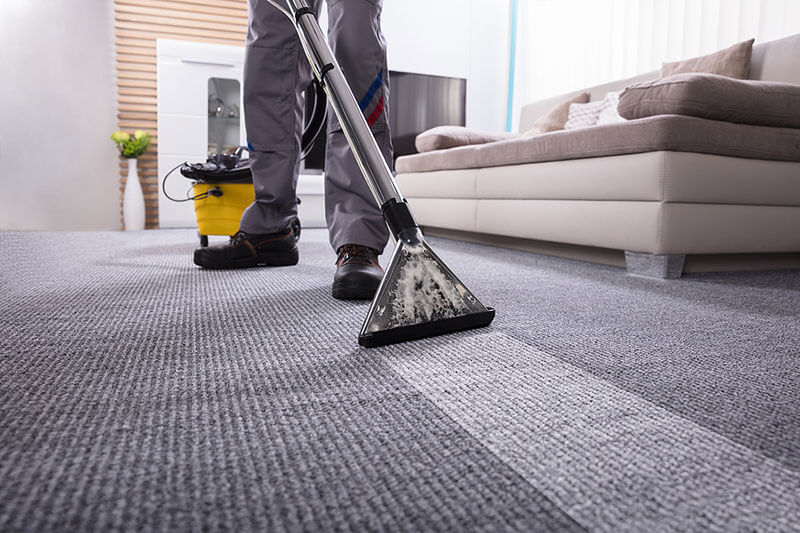 A professional using a steam cleaning machine to deep clean carpet in a residential living room