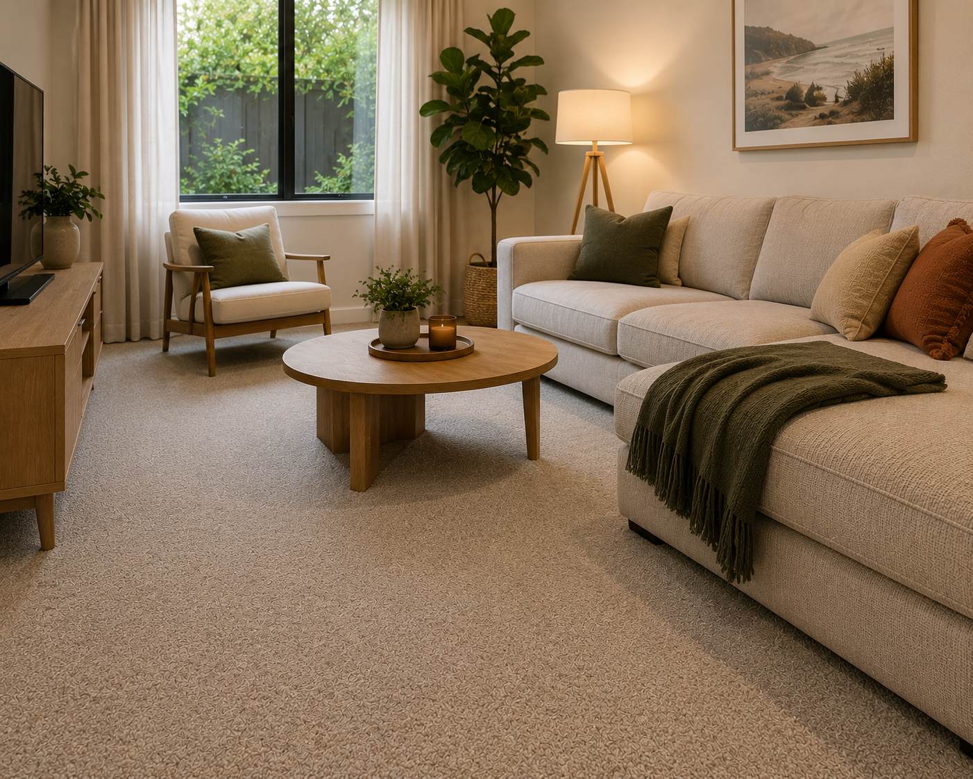 Cozy modern living room with newly installed light beige carpet, neutral sofa, wooden coffee table, warm lighting, and soft natural daylight creating a comfortable family-friendly space. 