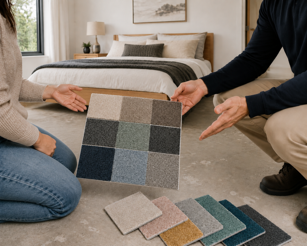 Carpet expert showing carpet samples to a homeowner during a mobile carpet consultation in a modern bedroom. 
