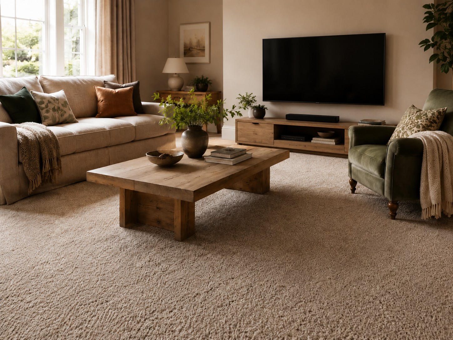 carpet for living room - light wall colour and wood furnitures