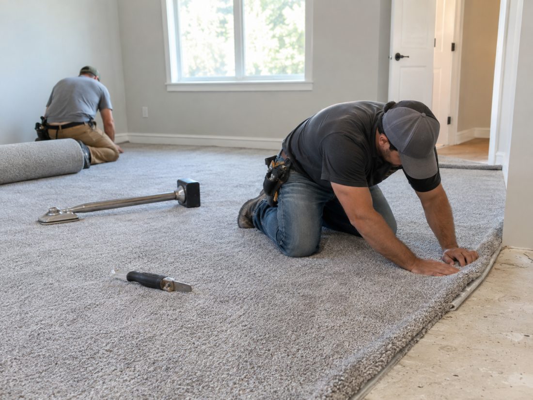 new carpet installation replacing a worn-out carpet