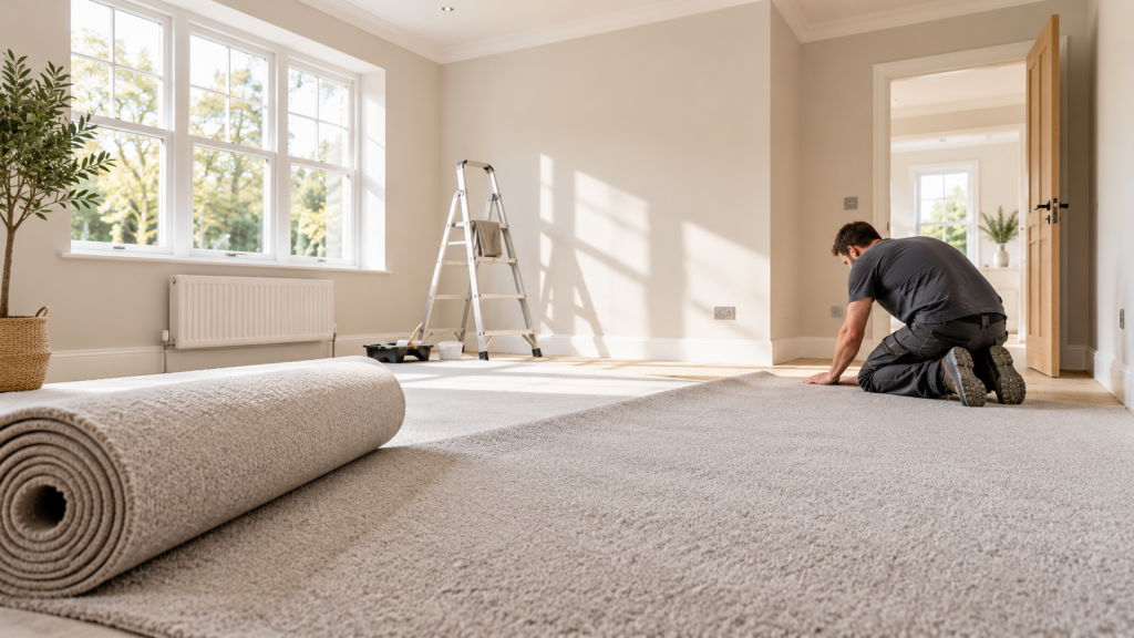 Professional carpet installer laying new carpet in a freshly renovated room with painted walls.