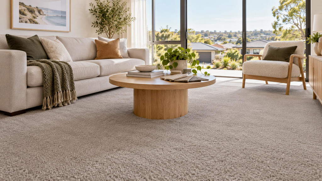 Modern living room with neutral carpet and contemporary furniture, prepared for a home sale.